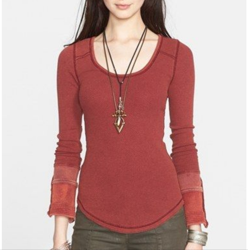 Free People Burgundy Sunnie Valley Burgundy Snap Button Cuff Thermal Shirt Top